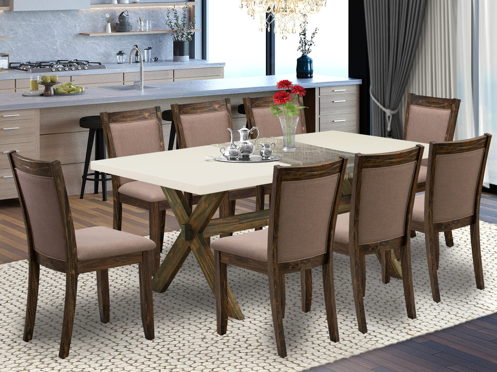 X727MTFTI-C Dining Ensemble Rectangle Table with X-Legs and 8 Textural Coffee Chairs for Versatile Spaces