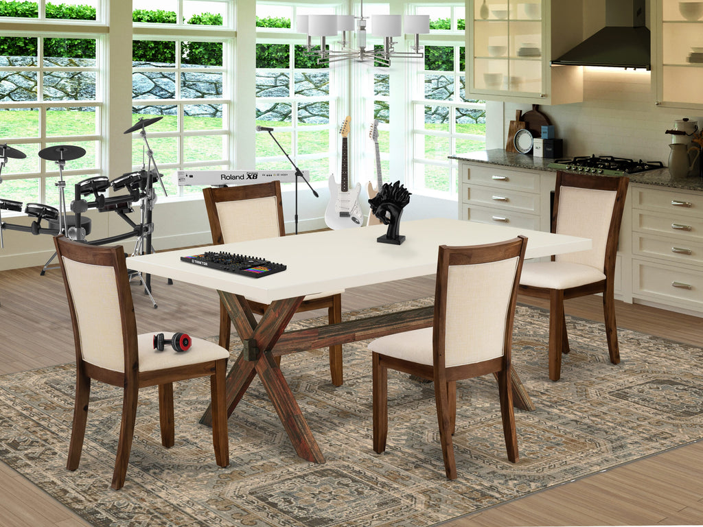 X727M0KE5-P 5-Piece Dining Ensemble Rectangular X-Leg Table & 4 Beige Upholstered Chairs, 40x72