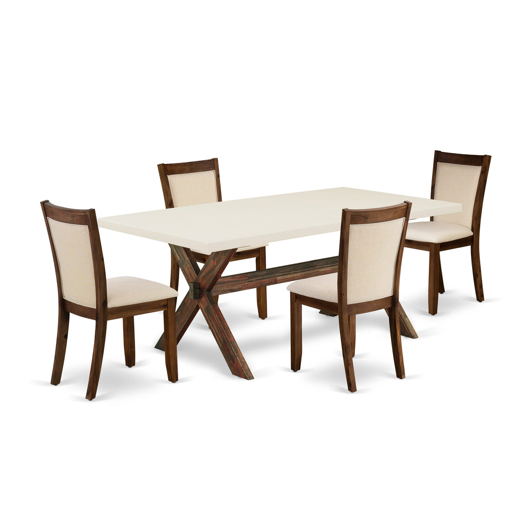 X727M0KE5-P 5-Piece Dining Ensemble Rectangular X-Leg Table & 4 Beige Upholstered Chairs, 40x72
