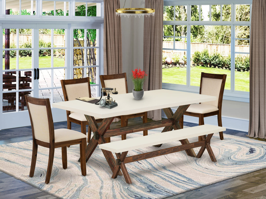 X727MMBVG-I Dining Ensemble Stylish Rectangle Table with X-Legs, 4 Parson Chairs & Bench, 6 Pc Set