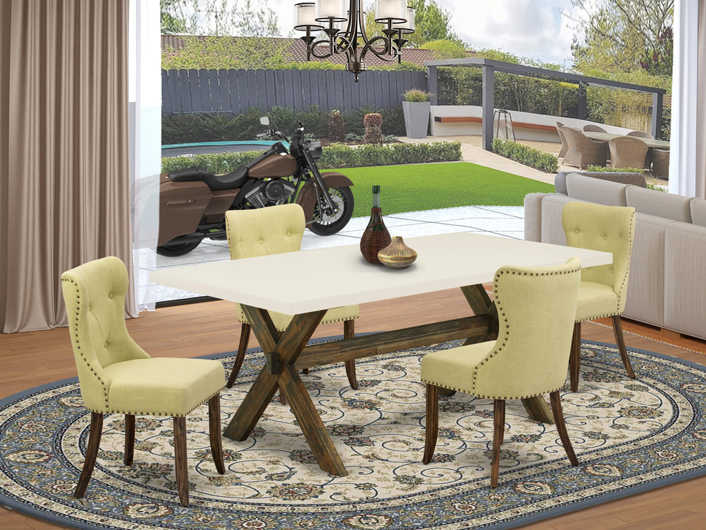 X727SRA5C-U 5-Piece Dining Set with Rectangular Table, X-Legs, and Limelight Upholstered Chairs, Multi-Color