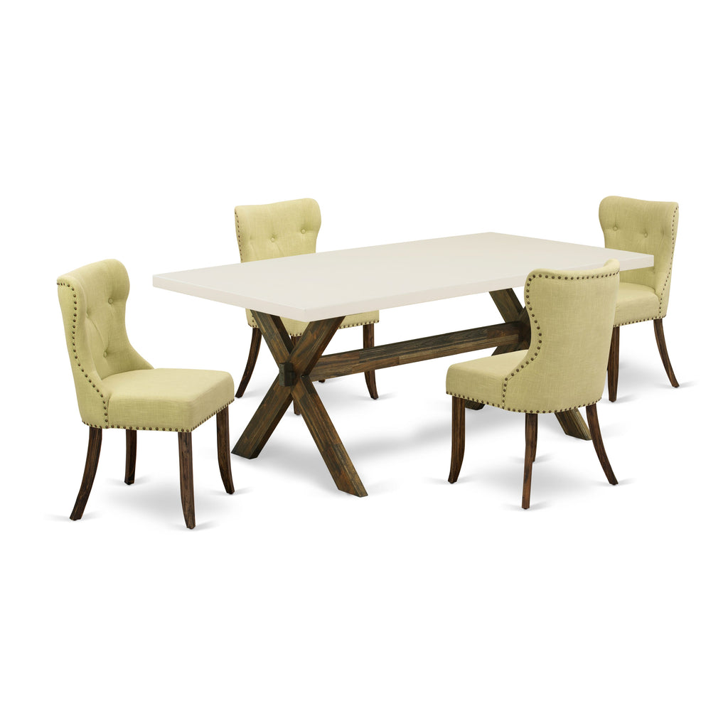 X727SRA5C-U 5-Piece Dining Set with Rectangular Table, X-Legs, and Limelight Upholstered Chairs, Multi-Color