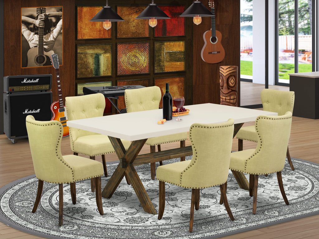 X727SPWP2-A Ensemble 7-Piece Dining Set with X-Leg Table & 6 Limelight Linen Upholstered Chairs, 40x72 Multi-Color