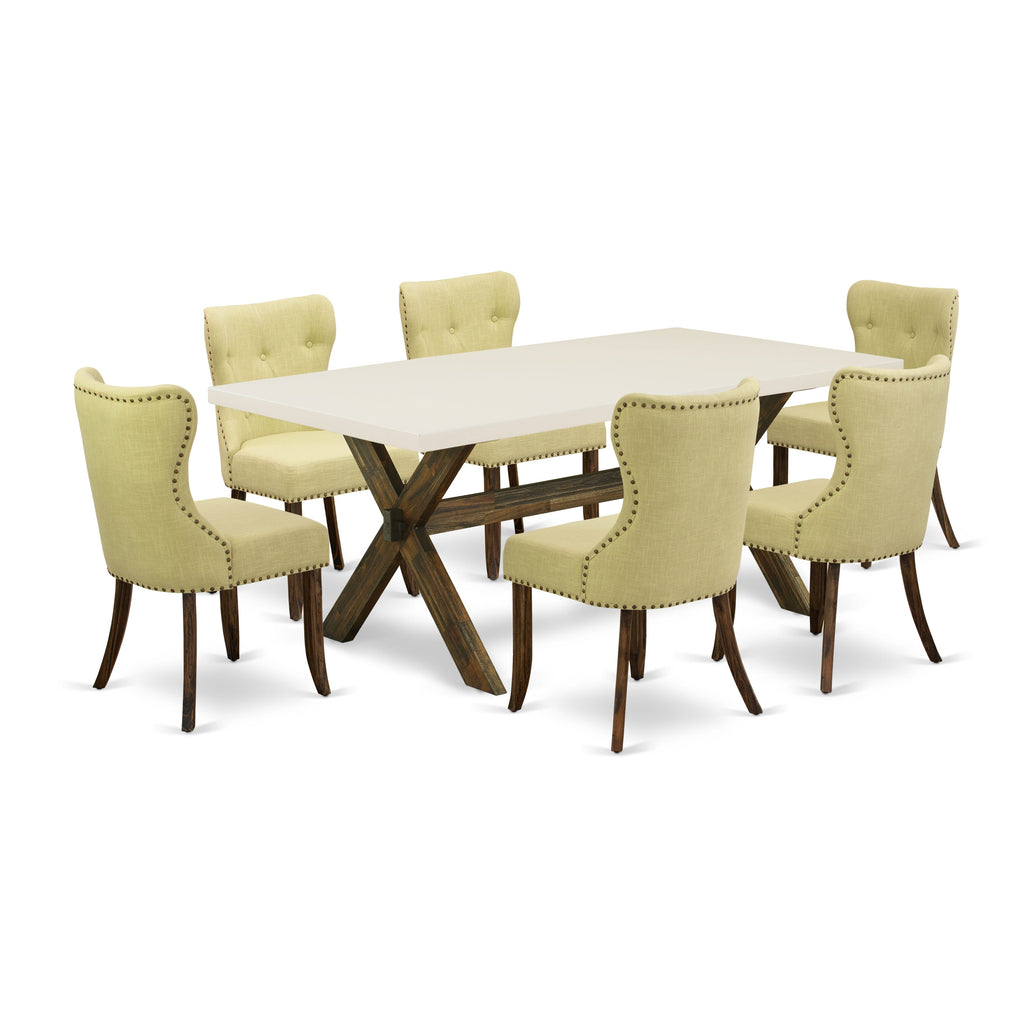 X727SPWP2-A Ensemble 7-Piece Dining Set with X-Leg Table & 6 Limelight Linen Upholstered Chairs, 40x72 Multi-Color