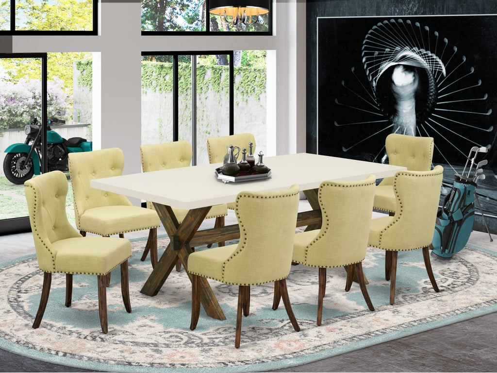 X727SY2M6-H 9 Unit Dining Ensemble with Rectangular X-Leg Table & 8 Limelight Upholstered Seats, 40x72 Multi