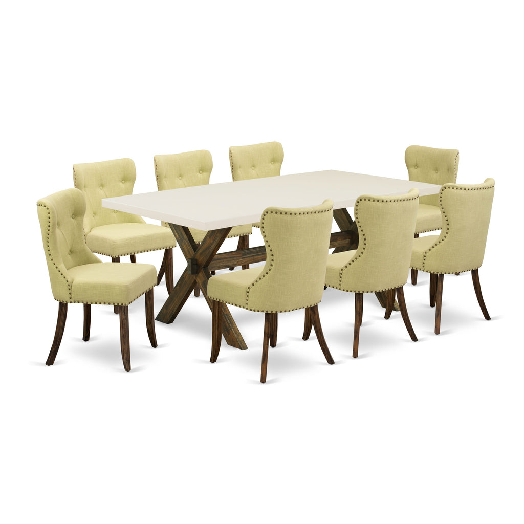 X727SY2M6-H 9 Unit Dining Ensemble with Rectangular X-Leg Table & 8 Limelight Upholstered Seats, 40x72 Multi