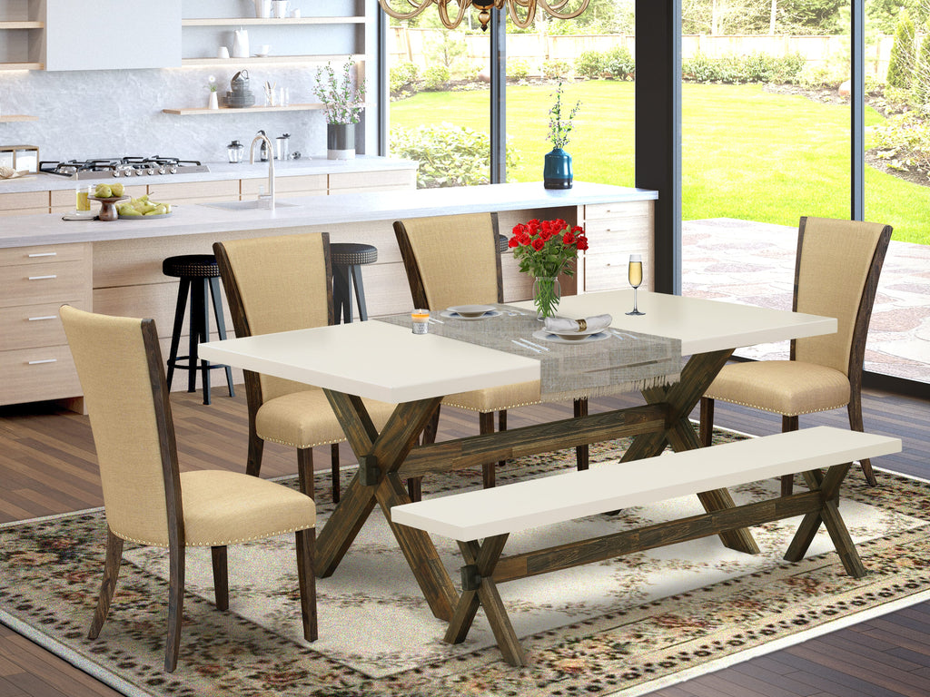 X727VKU2Y-N Modern 6-Piece Dining Ensemble with X-Leg Table, 4 Fabric Chairs, and Bench, 40x72