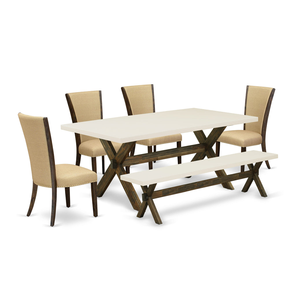 X727VKU2Y-N Modern 6-Piece Dining Ensemble with X-Leg Table, 4 Fabric Chairs, and Bench, 40x72