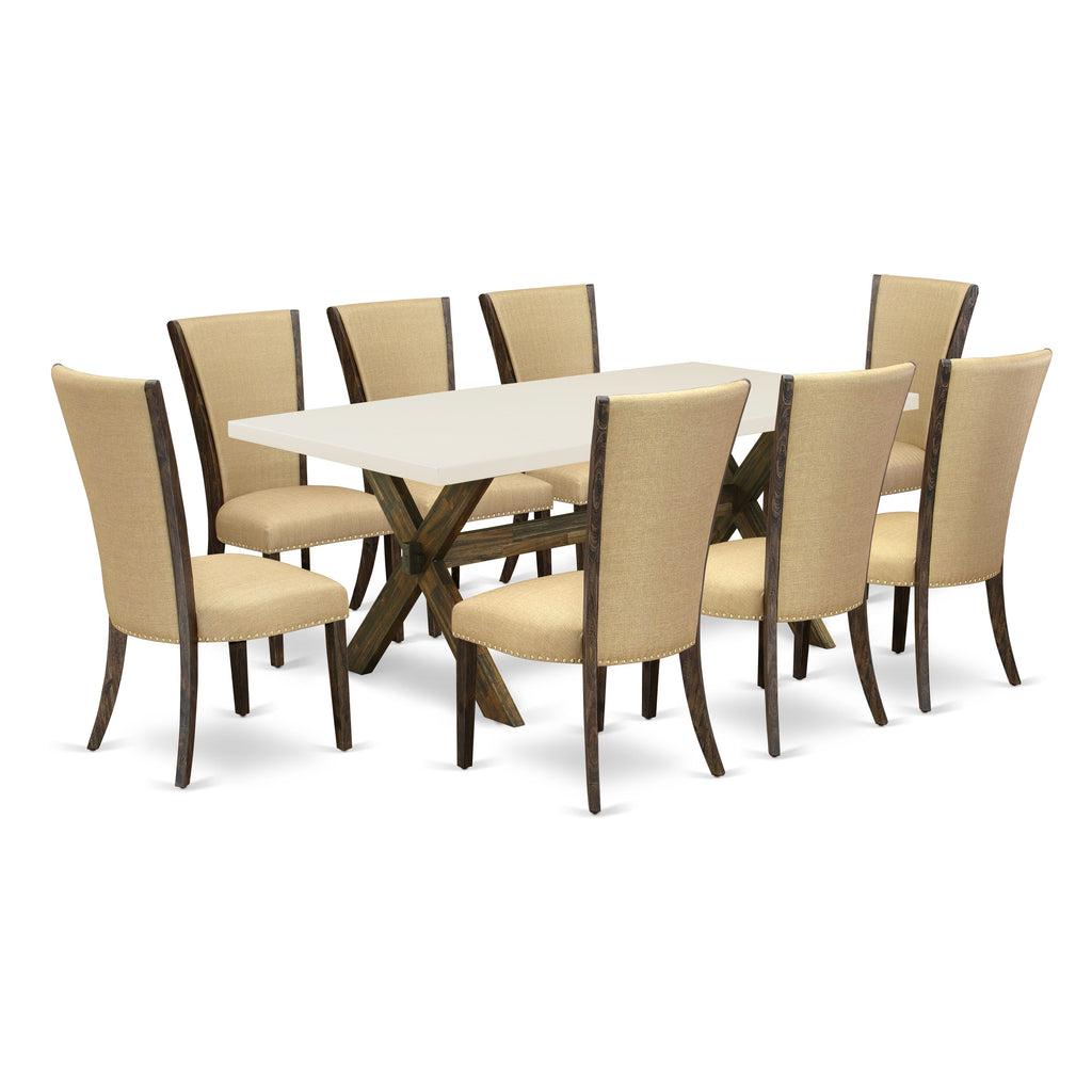 9 Piece Dining Set X727VQDQ8-K with Rectangle Table on X-Legs and 8 Parson Chairs in Multi-Color