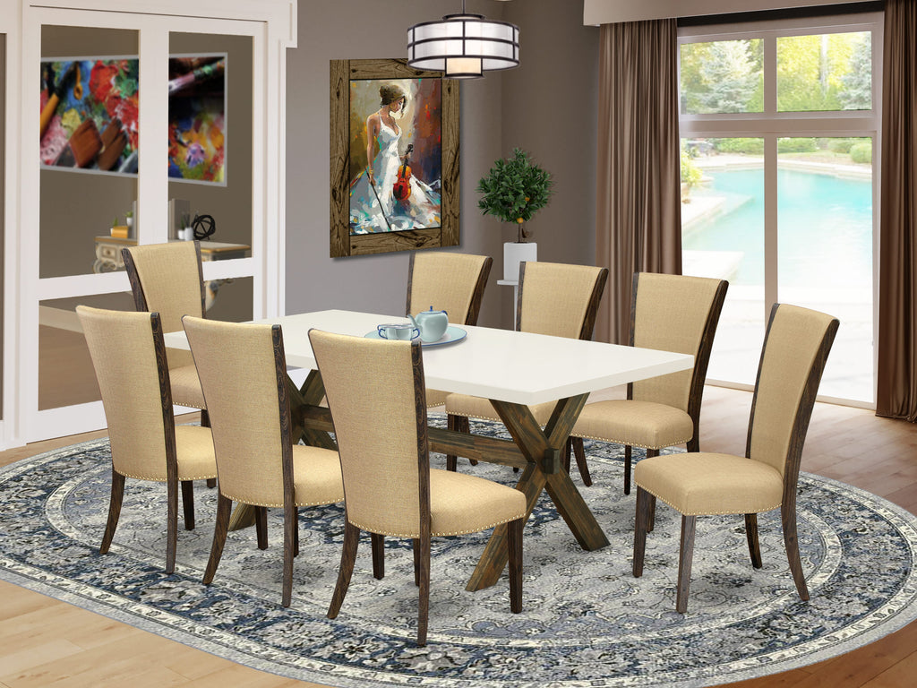 9 Piece Dining Set X727VQDQ8-K with Rectangle Table on X-Legs and 8 Parson Chairs in Multi-Color