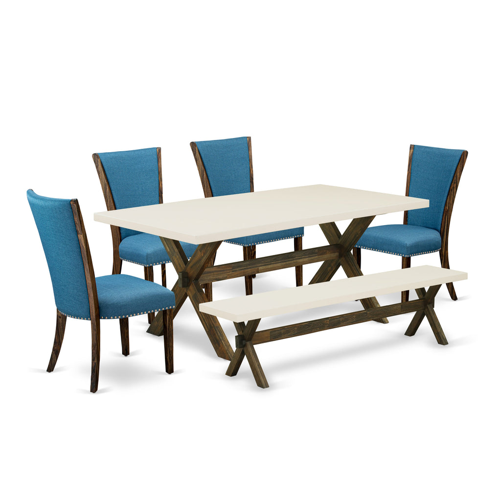 X727VBMYD-N 6-Piece Rectangular Table Set with X-Legs, 4 Blue Linen Chairs & Bench, 40x72 Inches