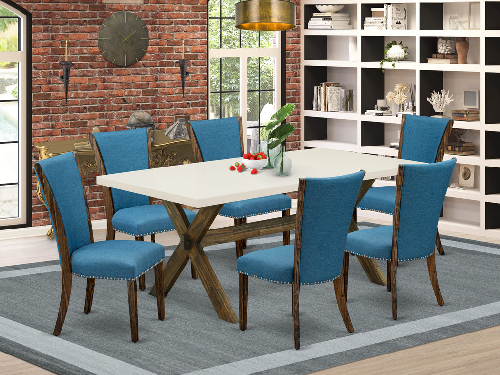 X727VYOIW-N Elegant 7-Piece Dining Ensemble with Scenic X-Leg Table and 6 Luxe Blue Linen Seats, 40x72
