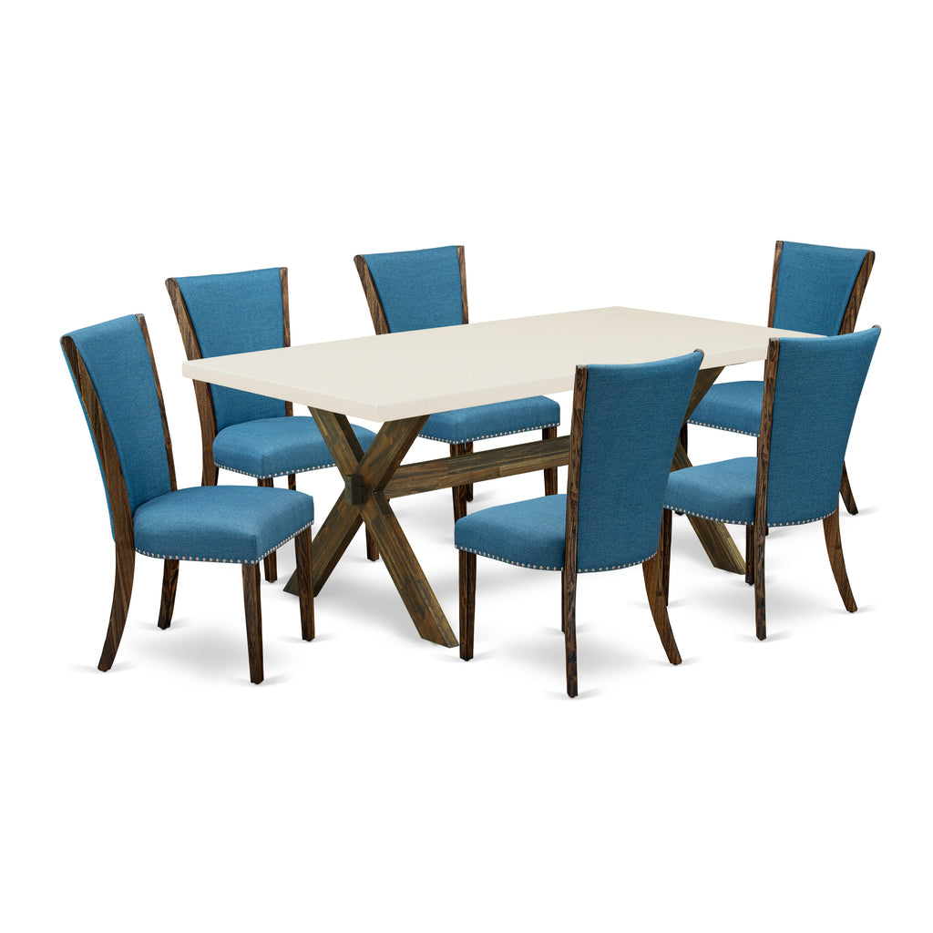 X727VYOIW-N Elegant 7-Piece Dining Ensemble with Scenic X-Leg Table and 6 Luxe Blue Linen Seats, 40x72