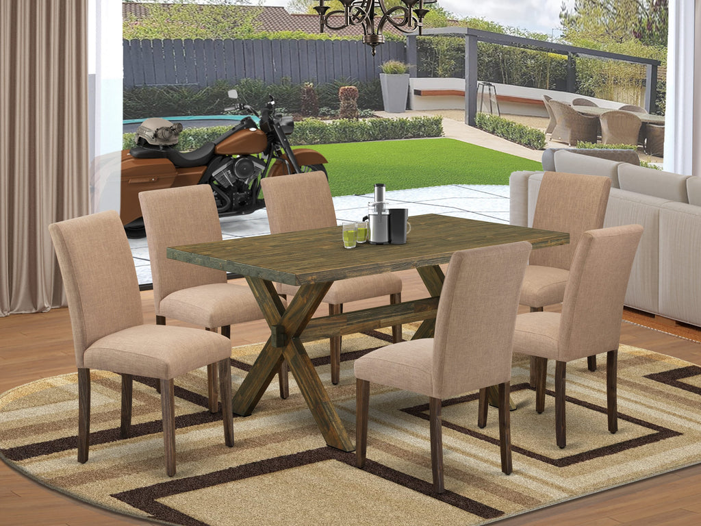 X776AUIDD-1 7-Piece Dining Ensemble X-Legged Table & 6 Light Sable Upholstered Chairs, 36x60