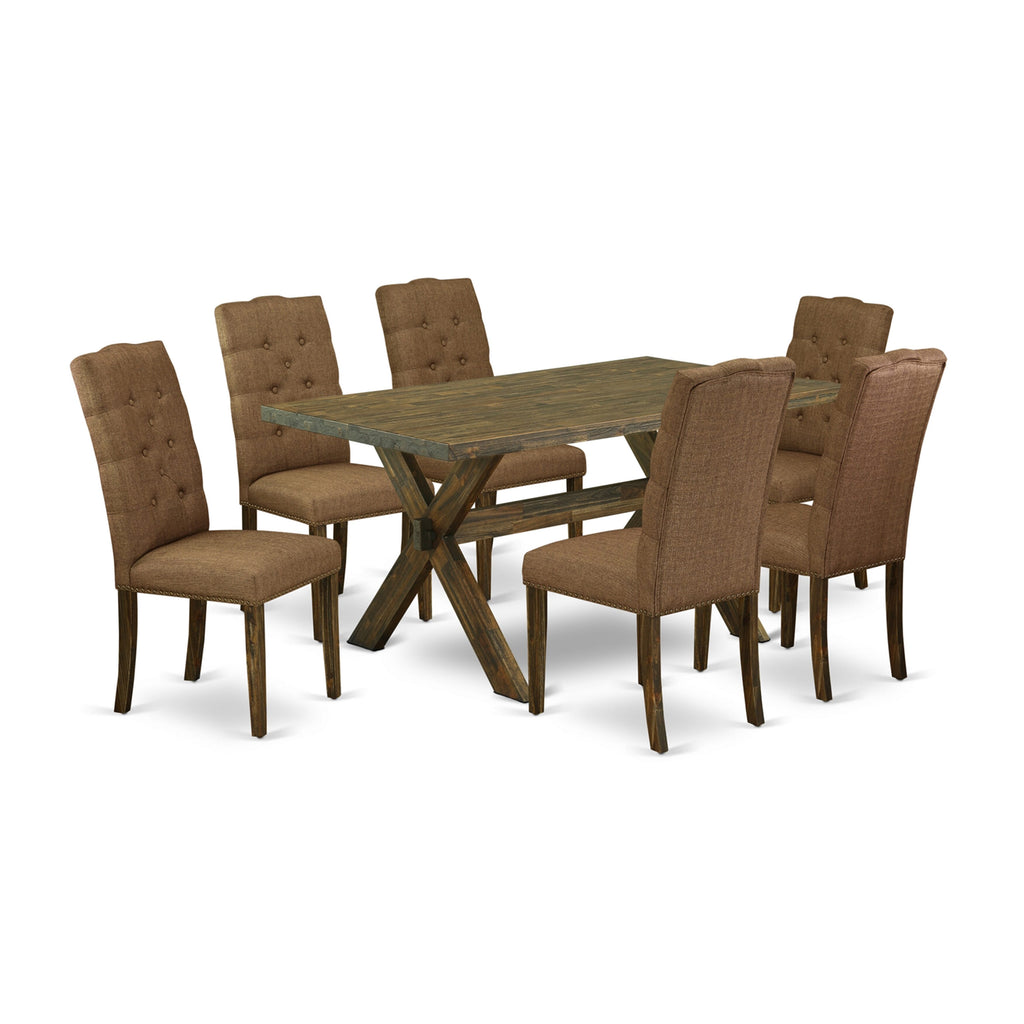 X776EDMQE-F 7-Piece Dining Set with X-Legged Table & 6 Parson Chairs, Brown Linen Upholstery, Multi-Color