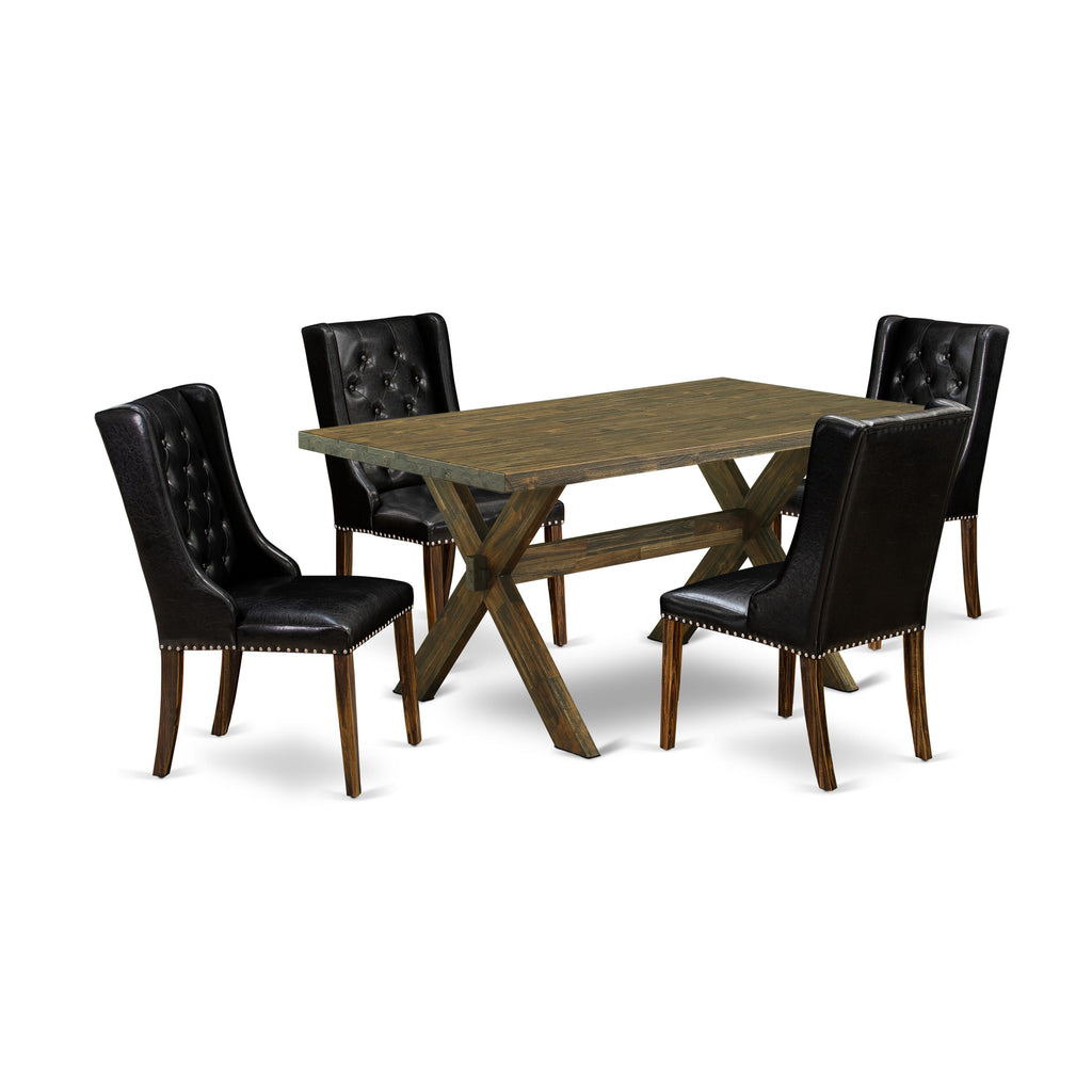 X776F0Y41-J 5-Piece Wooden Dining Ensemble with X-Frame Table & 4 Black Faux Leather Parsons Chairs