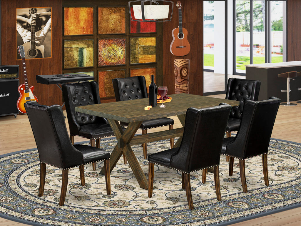 X776FZIO1-B Stylish 7-Piece Set with Rectangular Table and Chairs Featuring Black Leather Upholstery, 36x60