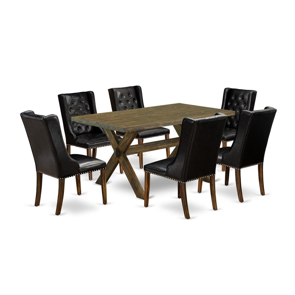 X776FZIO1-B Stylish 7-Piece Set with Rectangular Table and Chairs Featuring Black Leather Upholstery, 36x60