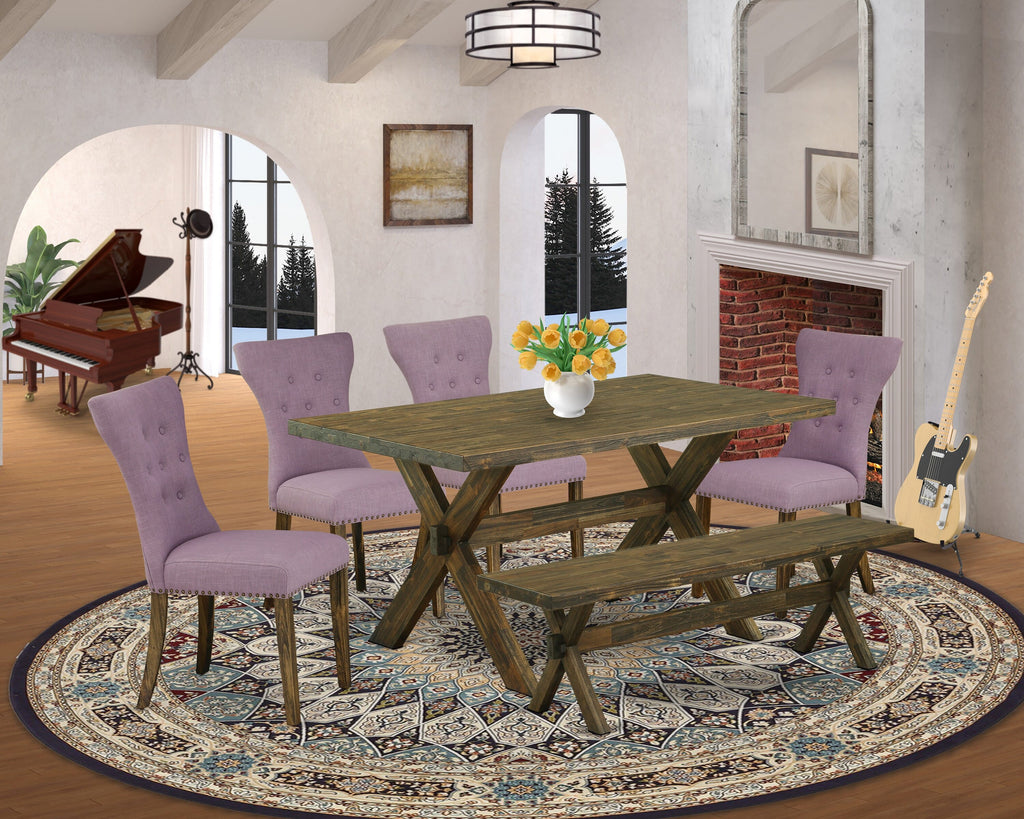 X776G6W28-Y 6-Piece Dining Collection Rectangular Table with X-Legs, Dahlia Fabric Chairs & Bench, 36x60, Multi-Tone