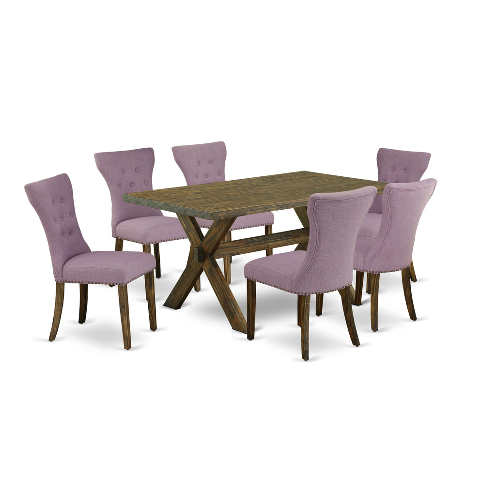 X776G7D6C-9 Rectangle Dining Space Ensemble - Table with X-Legs Plus 6 Upholstered Dahlia Chairs, Multi-Color