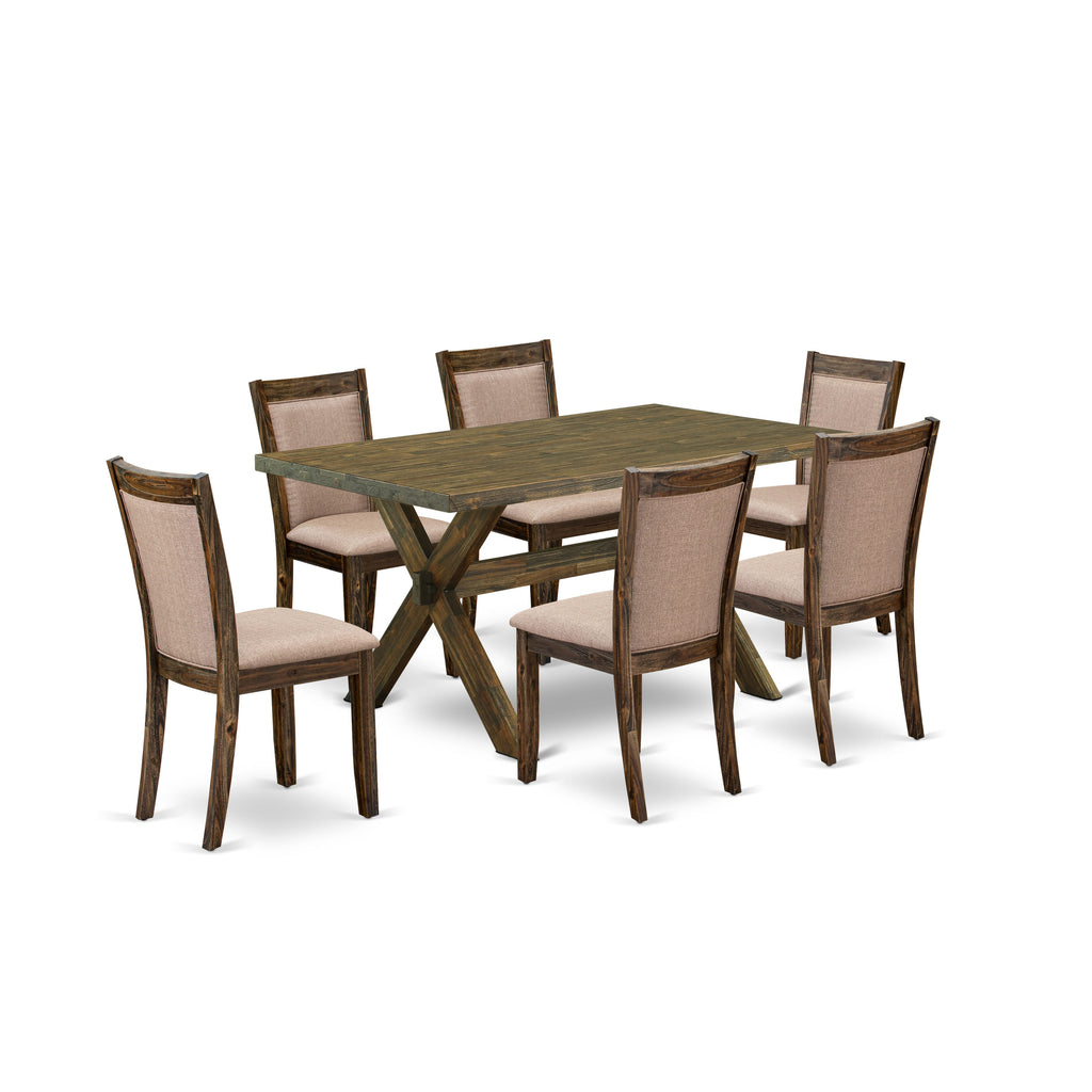 X776MML9N-J 7-Piece Dining Set with Rectangular Table, X-Legs & 6 Dark Khaki Fabric Parson Chairs