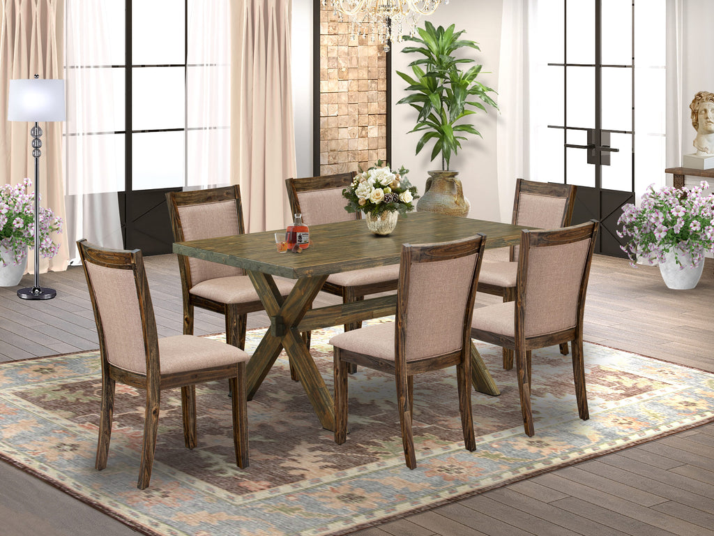 X776MML9N-J 7-Piece Dining Set with Rectangular Table, X-Legs & 6 Dark Khaki Fabric Parson Chairs