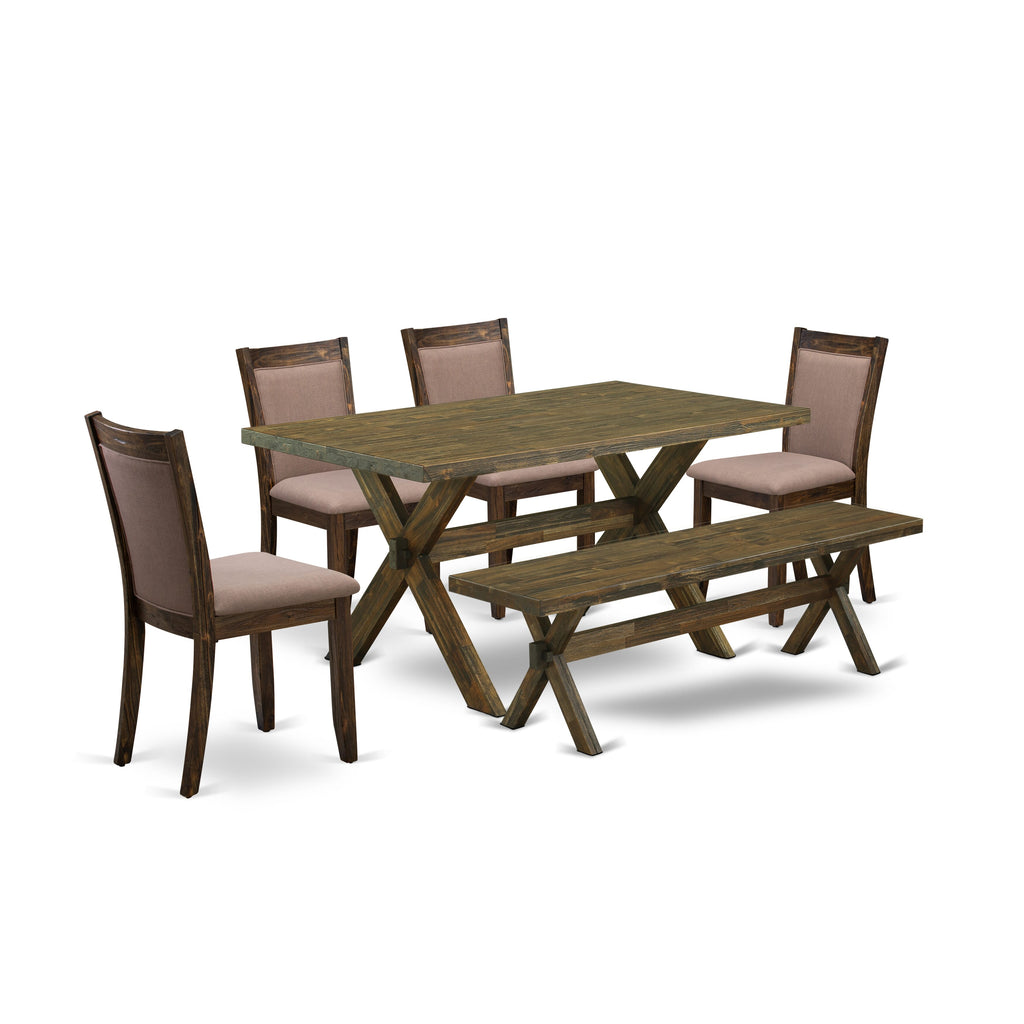 X776MLKZS-4 5 Piece Dining Ensemble Rectangle Table with X-Legs, 4 Coffee Fabric Chairs & Bench, 36x60, Multi-Hue