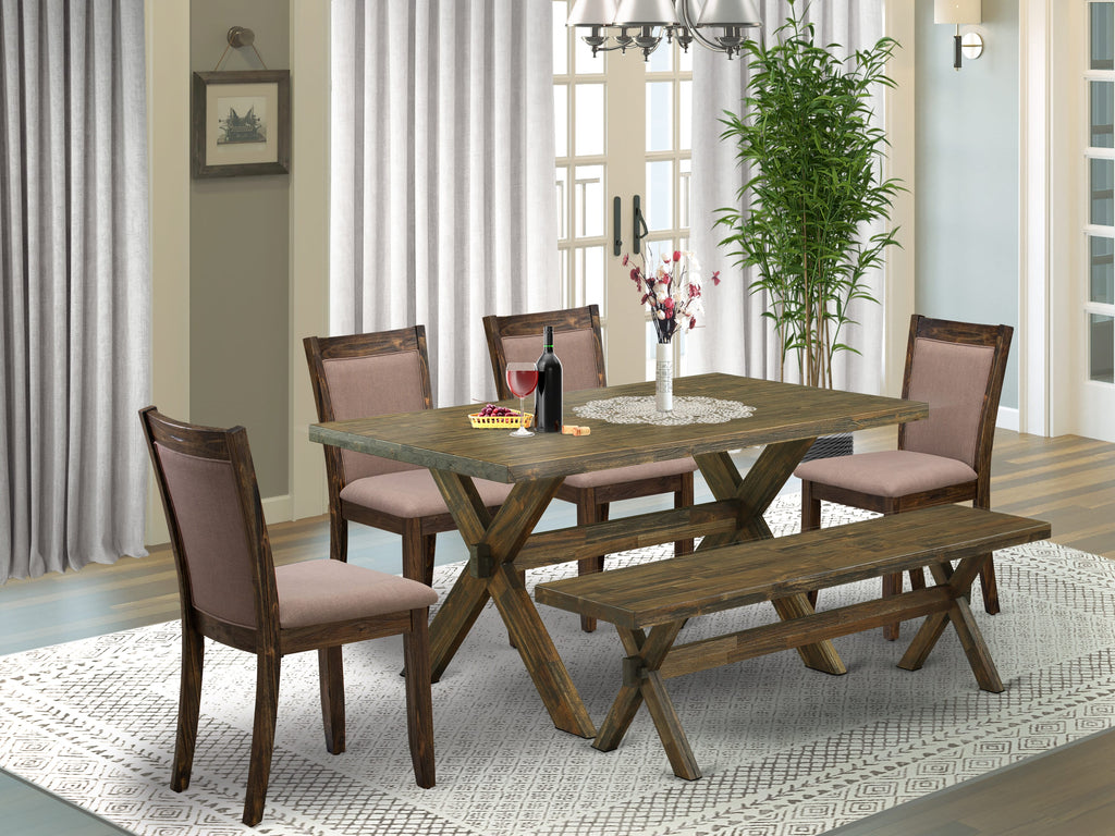 X776MLKZS-4 5 Piece Dining Ensemble Rectangle Table with X-Legs, 4 Coffee Fabric Chairs & Bench, 36x60, Multi-Hue