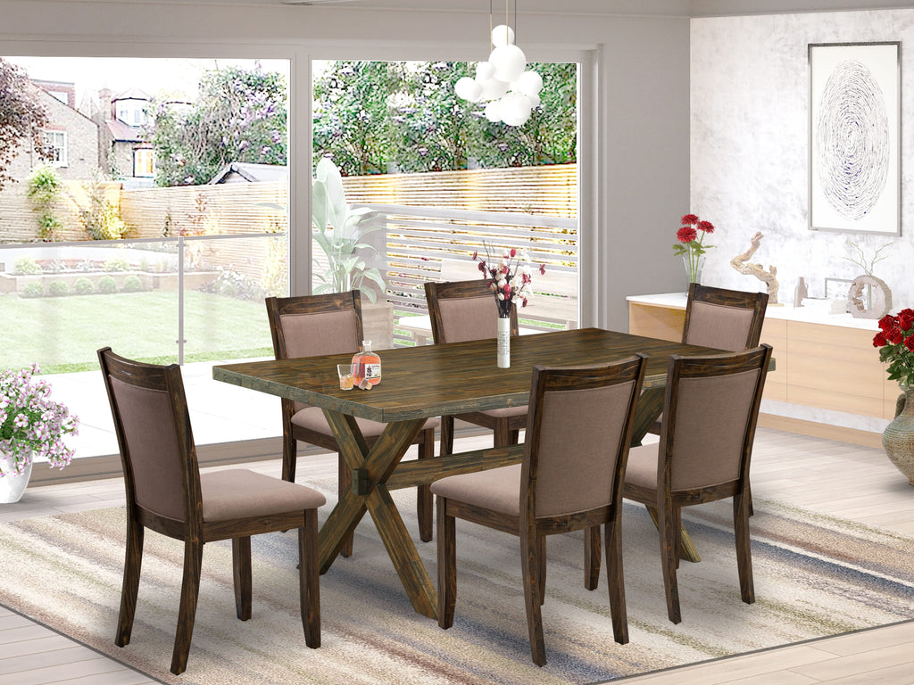 X776MARTV-T 7-Piece Dining Set Featuring Rectangular Table with X-Legs & 6 Coffee Fabric Chairs