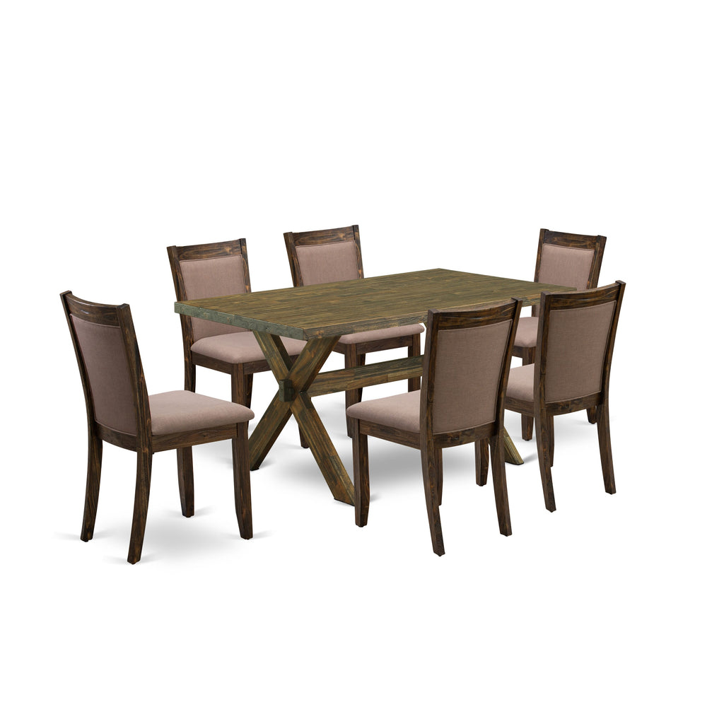 X776MARTV-T 7-Piece Dining Set Featuring Rectangular Table with X-Legs & 6 Coffee Fabric Chairs