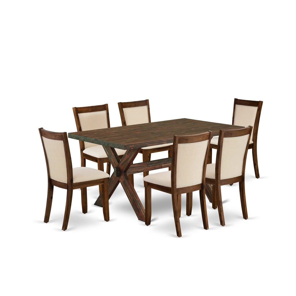 X776MMPFU-3 Elegant 7-Piece Dining Set Rectangle Table with X-Legs & 6 Beige Upholstered Chairs, Multi-Color 36x60 Inch