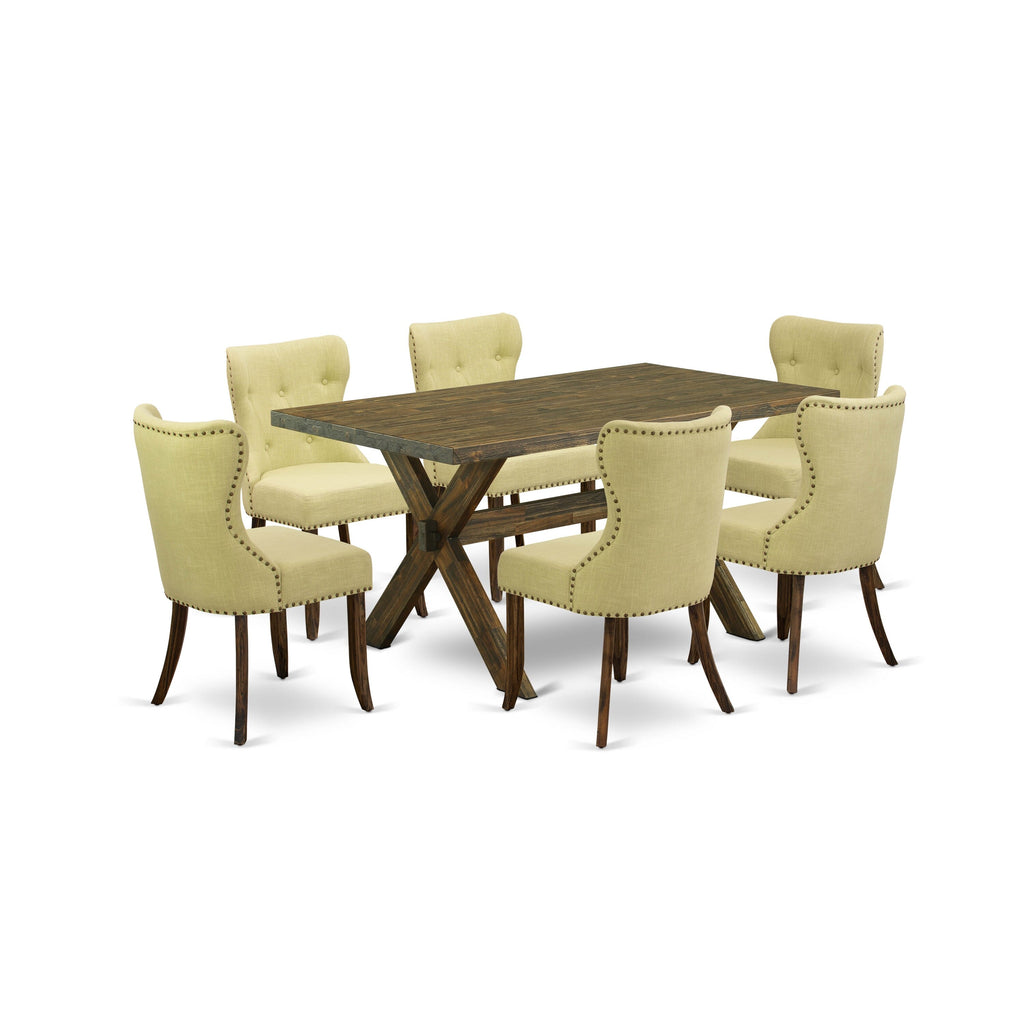 X776SKEHC-I Stylish 7-Piece Dining Ensemble with X-Leg Table & 6 Parson Chairs, Multi Color