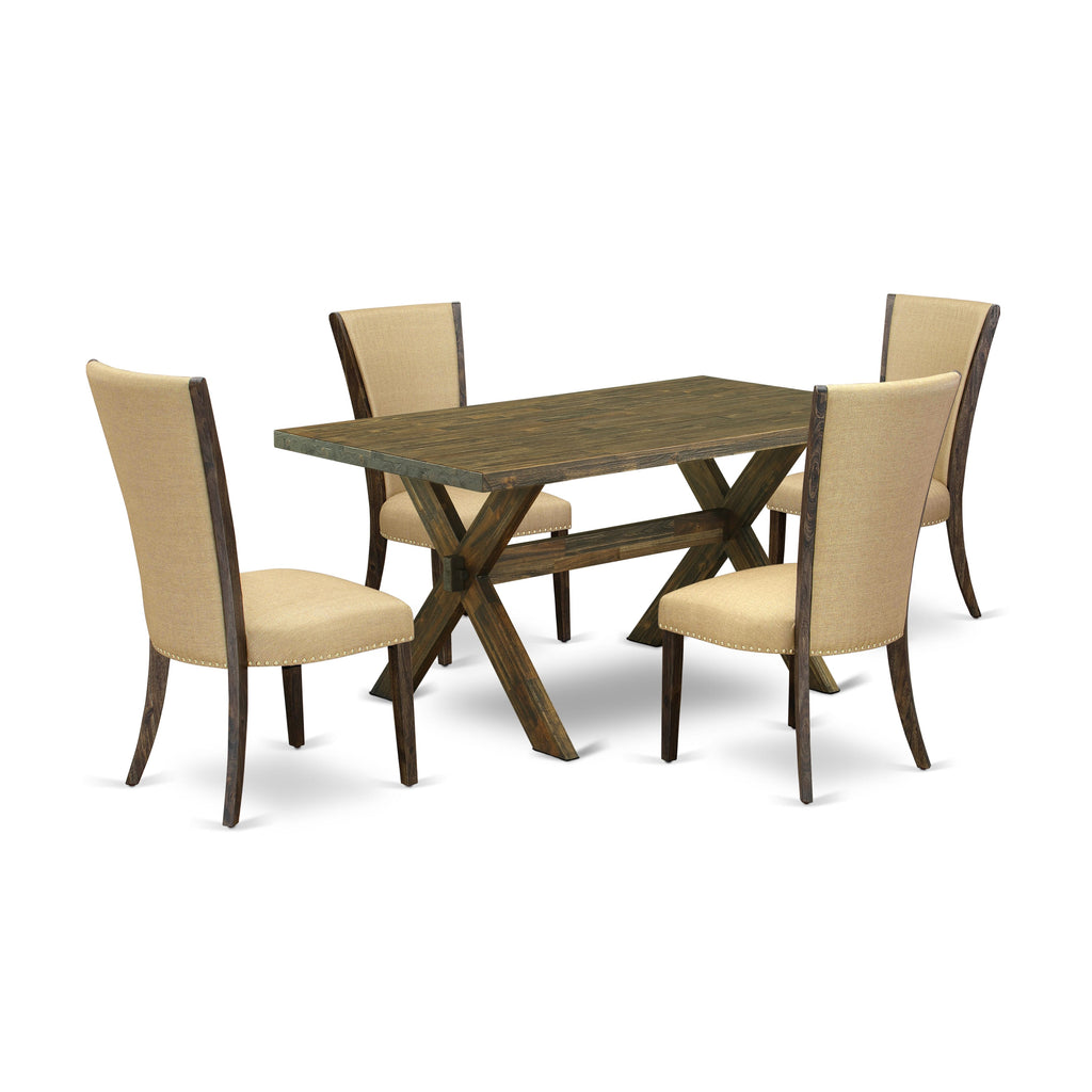 X776V8U9G-1 5-Piece Dining Set with X-Leg Table and 4 Elegant Brown Upholstered Parson Chairs, 36x60 Inch