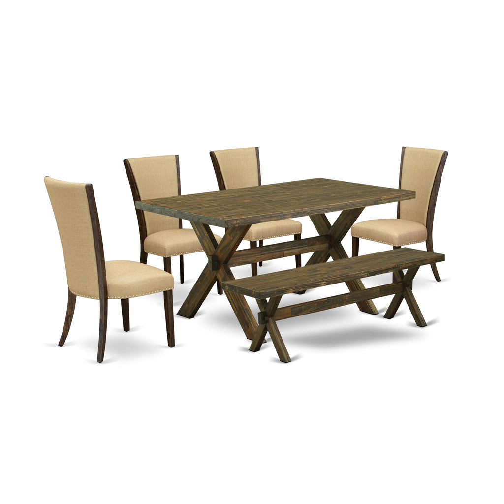 X776VGCHP-H 6-Piece Dining Set Wood Table with X-Legs, Brown Linen Chairs & Bench, 36x60 Inch, Multi-Tone