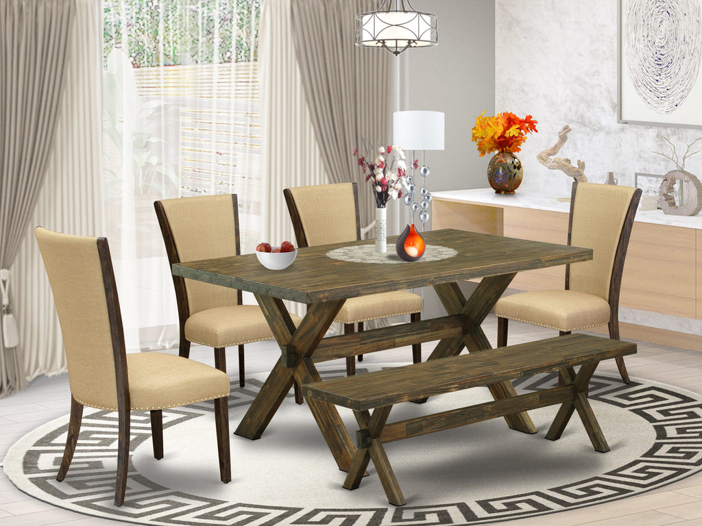 X776VGCHP-H 6-Piece Dining Set Wood Table with X-Legs, Brown Linen Chairs & Bench, 36x60 Inch, Multi-Tone