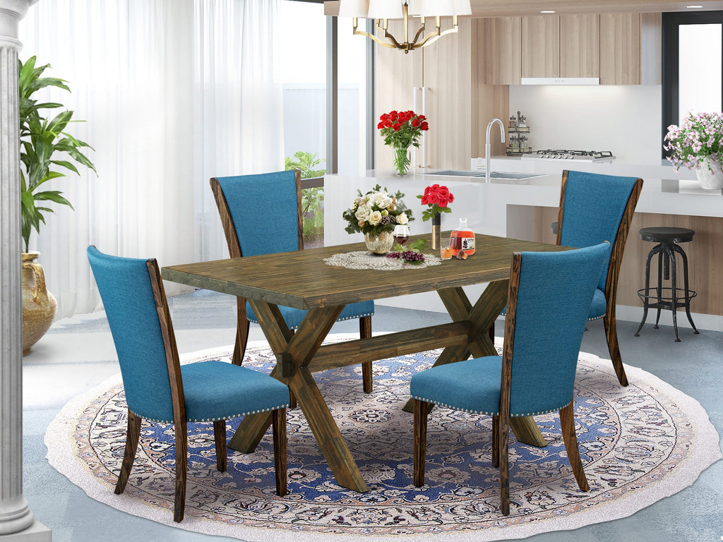 Elegant X776V1ZEC-6 Dining Collection with Sleek X-Leg Technique and Captivating Blue Fabric Seating for Four