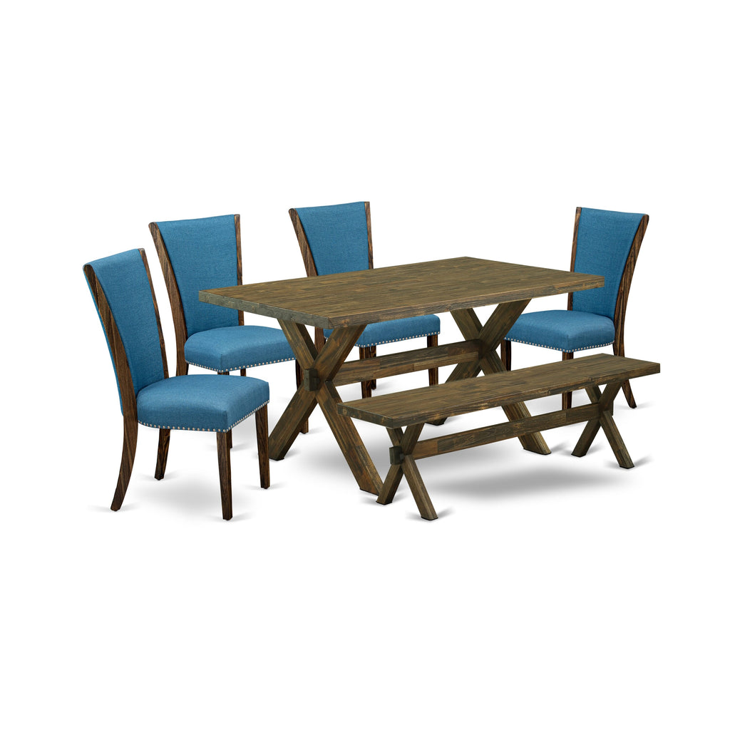 X776VDKGA-A 6-Piece Dining Ensemble with Rectangular Table and Blue Linen Chairs plus Bench, 36x60