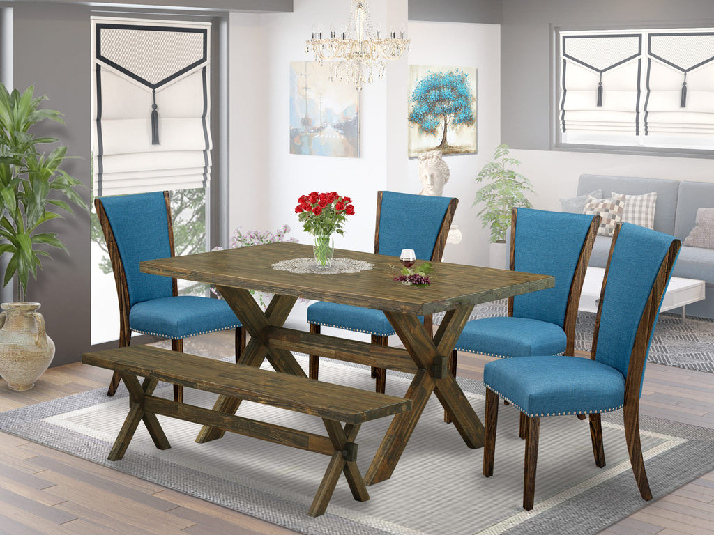 X776VDKGA-A 6-Piece Dining Ensemble with Rectangular Table and Blue Linen Chairs plus Bench, 36x60