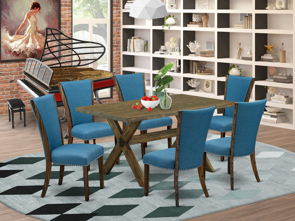 X776VDG0C-X Versatile 7-Piece Dining Ensemble with X-Frame Table & Six Elegant Blue Seats, 36x60 Palette