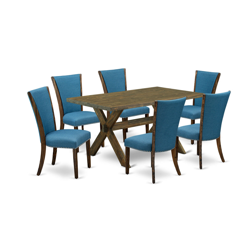 X776VDG0C-X Versatile 7-Piece Dining Ensemble with X-Frame Table & Six Elegant Blue Seats, 36x60 Palette