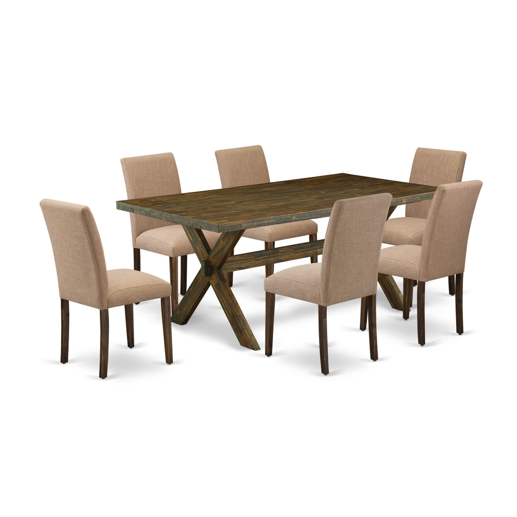 Discover a 7-Piece Dining Set with X777AI3YJ-O Rectangle Table, X-Legs & Linen Chairs