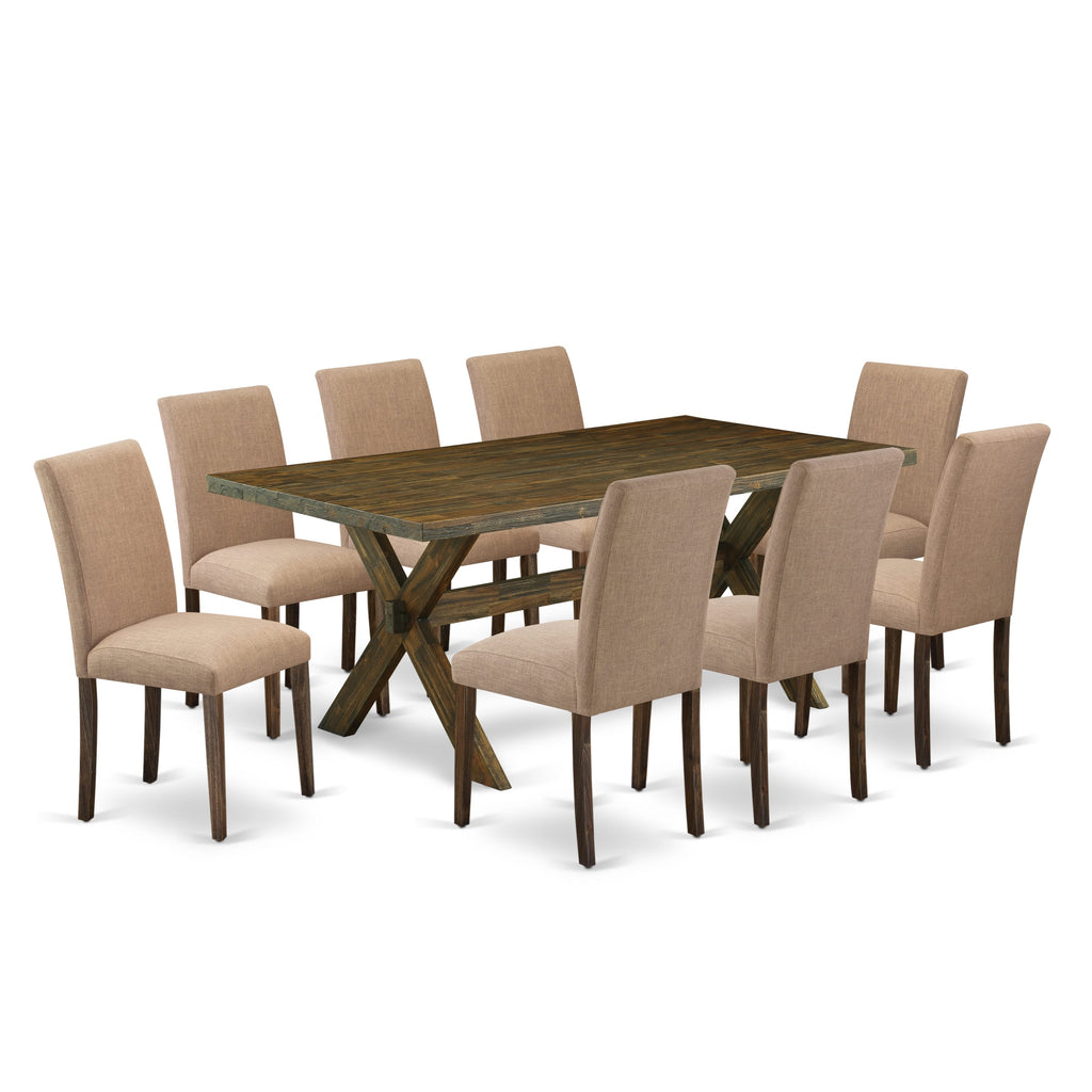 X777ACDJ7-V 9 Piece Dining Set with Rectangle Table & 8 Light Sable Chairs, Multi-Color Fabric