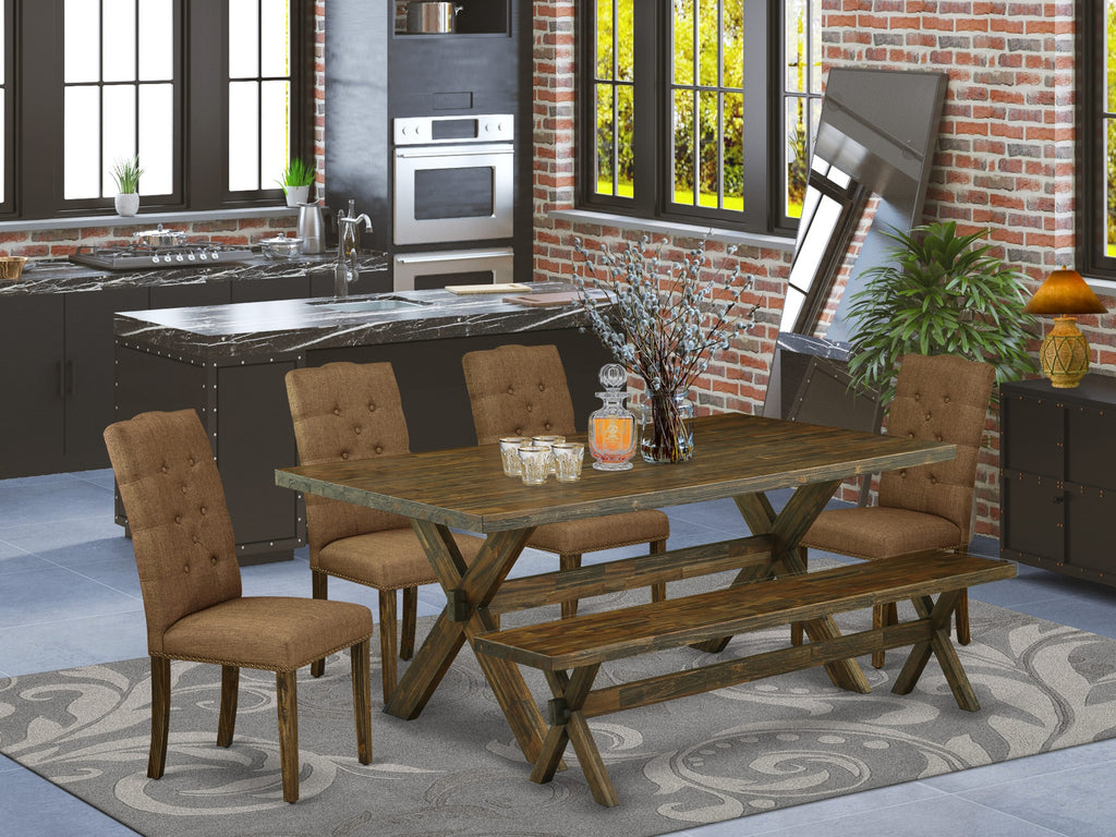 X777EQEL8-T Urban X-Leg Rectangle Dining Set with Parson Chairs & Bench for 6, Brown Linen Cushion