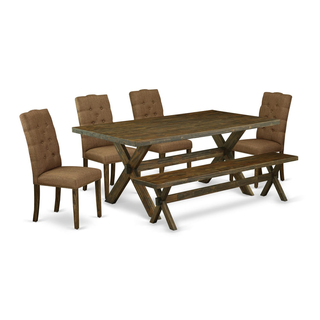 X777EQEL8-T Urban X-Leg Rectangle Dining Set with Parson Chairs & Bench for 6, Brown Linen Cushion