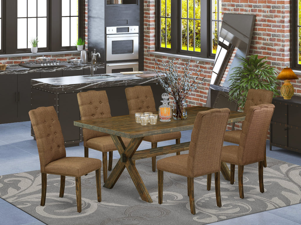 X777EAE3R-C Elegant 7-Piece Dining Set with Rectangular Table and Brown Fabric Chairs, Multi-Color, 40x72