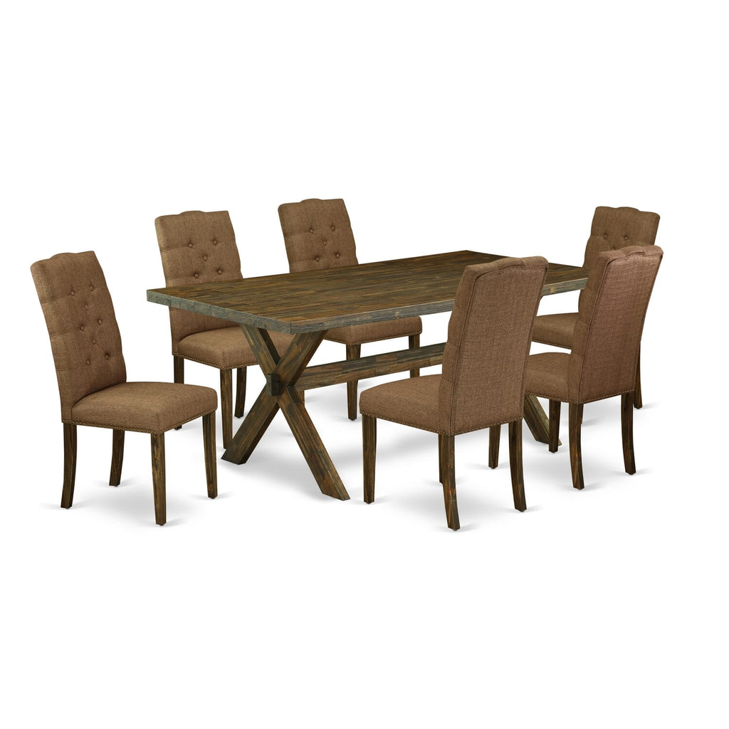 X777EAE3R-C Elegant 7-Piece Dining Set with Rectangular Table and Brown Fabric Chairs, Multi-Color, 40x72