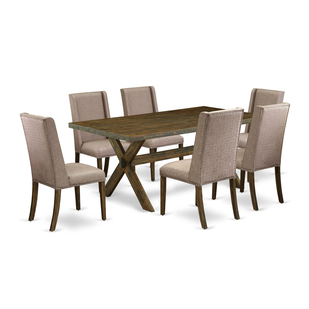 X777FQ736-B 7 Piece Dining Suite with X-Legs Rectangle Table & Six Upholstered Khaki Chairs, Multi-Color