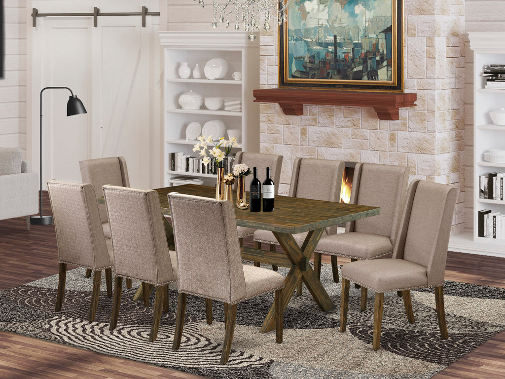 X777F7UH6-8 9-Piece Dining Ensemble with Rectangular Table & X-Legs, 8 Khaki Fabric Chairs, 40x72