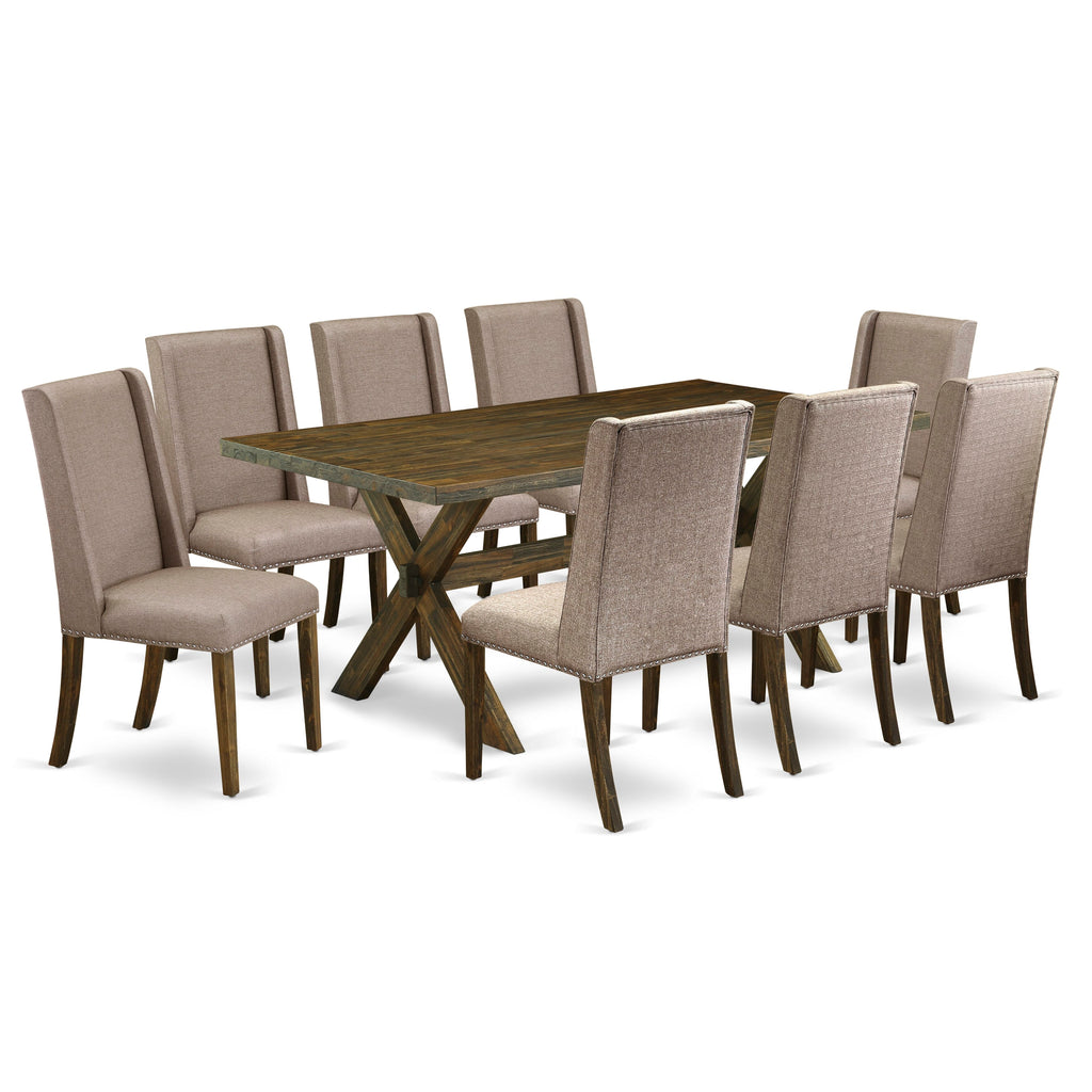 X777F7UH6-8 9-Piece Dining Ensemble with Rectangular Table & X-Legs, 8 Khaki Fabric Chairs, 40x72