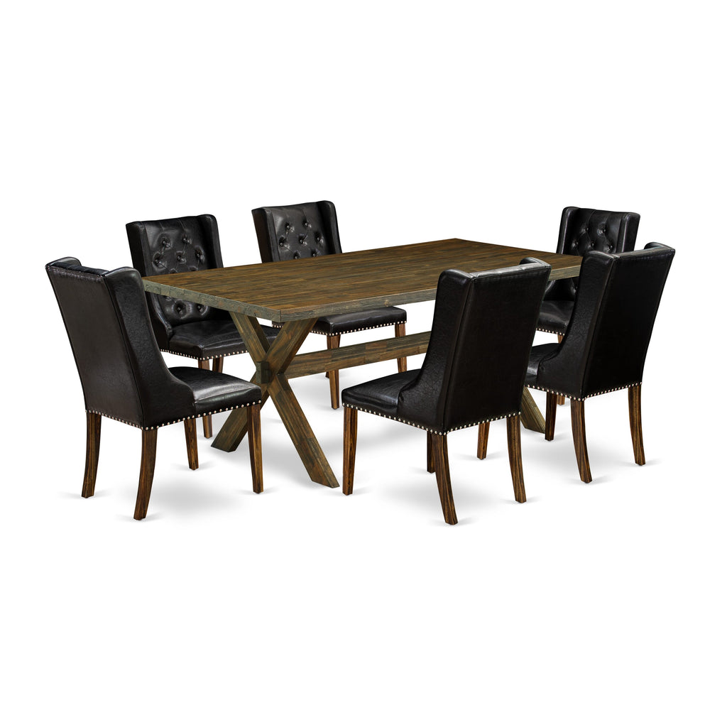 X777F8G8C-6 Dining Set Comprising Rectangular Table with Crossed Supports & Six Faux Leather Chairs, Multi-shade